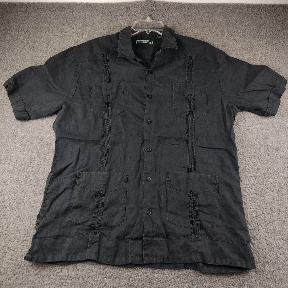 Cubavera Linen Button Up Mens Large Guayabera Black Short Sleeve